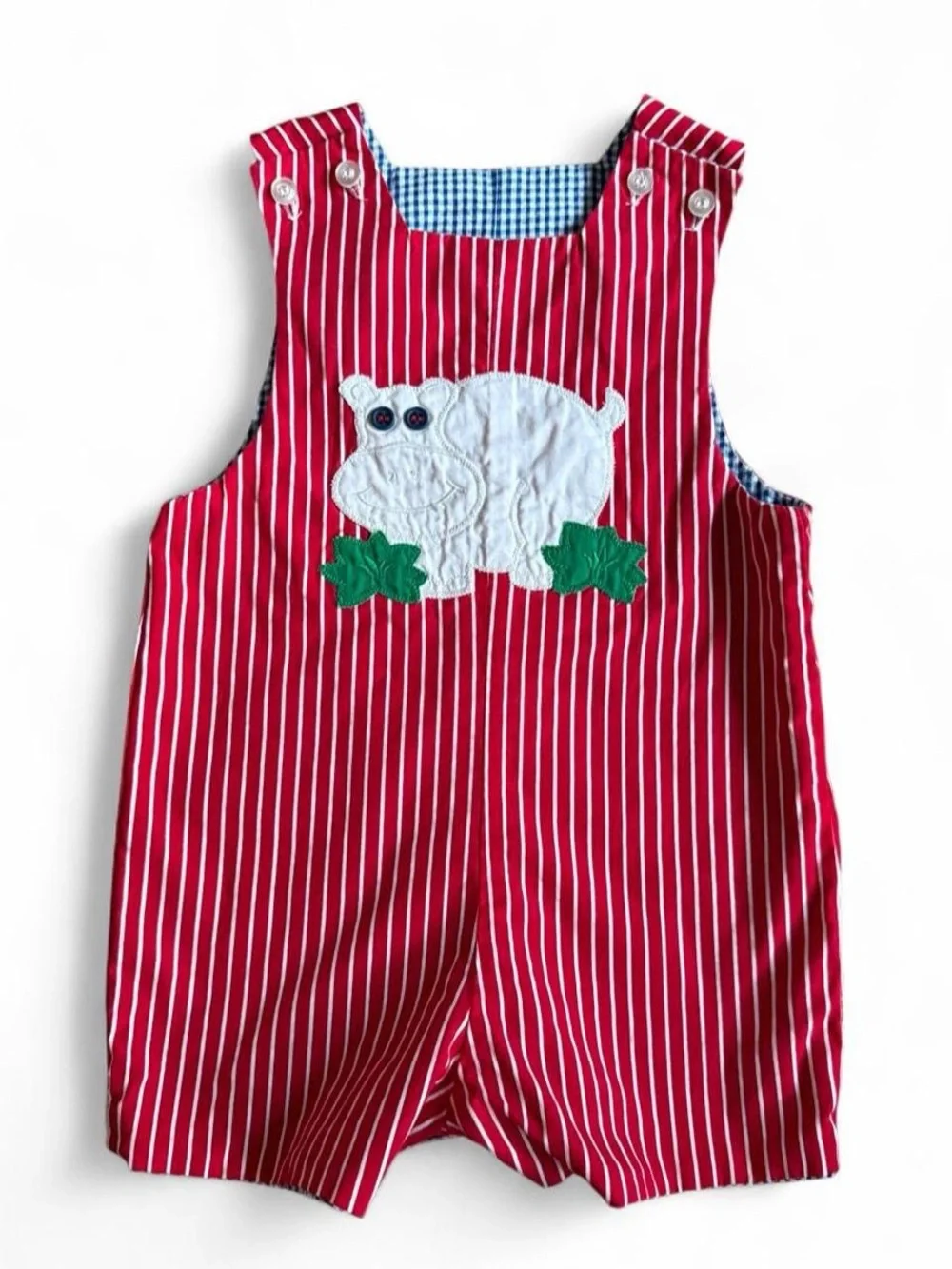 Vintage Reversible Blue Gingham Kids One-Piece Romper with Beach Applique